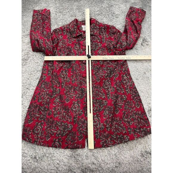 Chicos Blazer Womans 8/10 Red Floral Rayon Brocade Long Jacket Jacquard Coat - Picture 5 of 10
